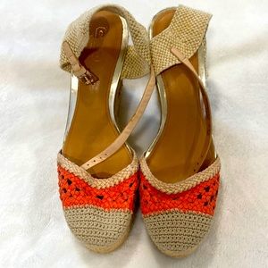 Coach Cognac Brown Leather Caged T-Strap Espadrille Wedge Strappy Sandals Brown